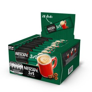Nescafe 3in1 Strong - a box with sachets. This instant coffee product can be delivered all around the UK and Northern Ireland.
